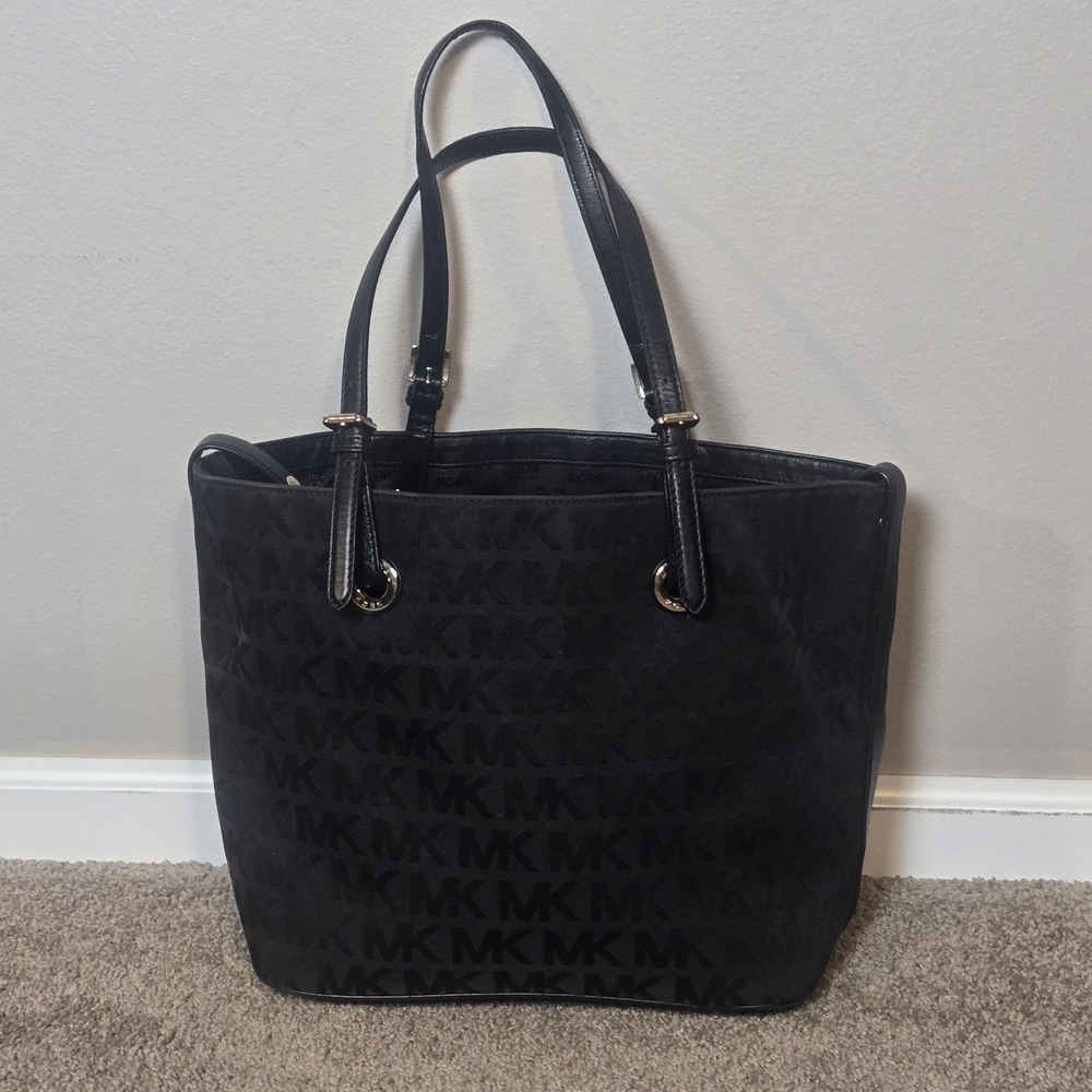 Michael Kors Jet Set Black Tote MK Signature Monogram Shoulder Bucket Bag Purse